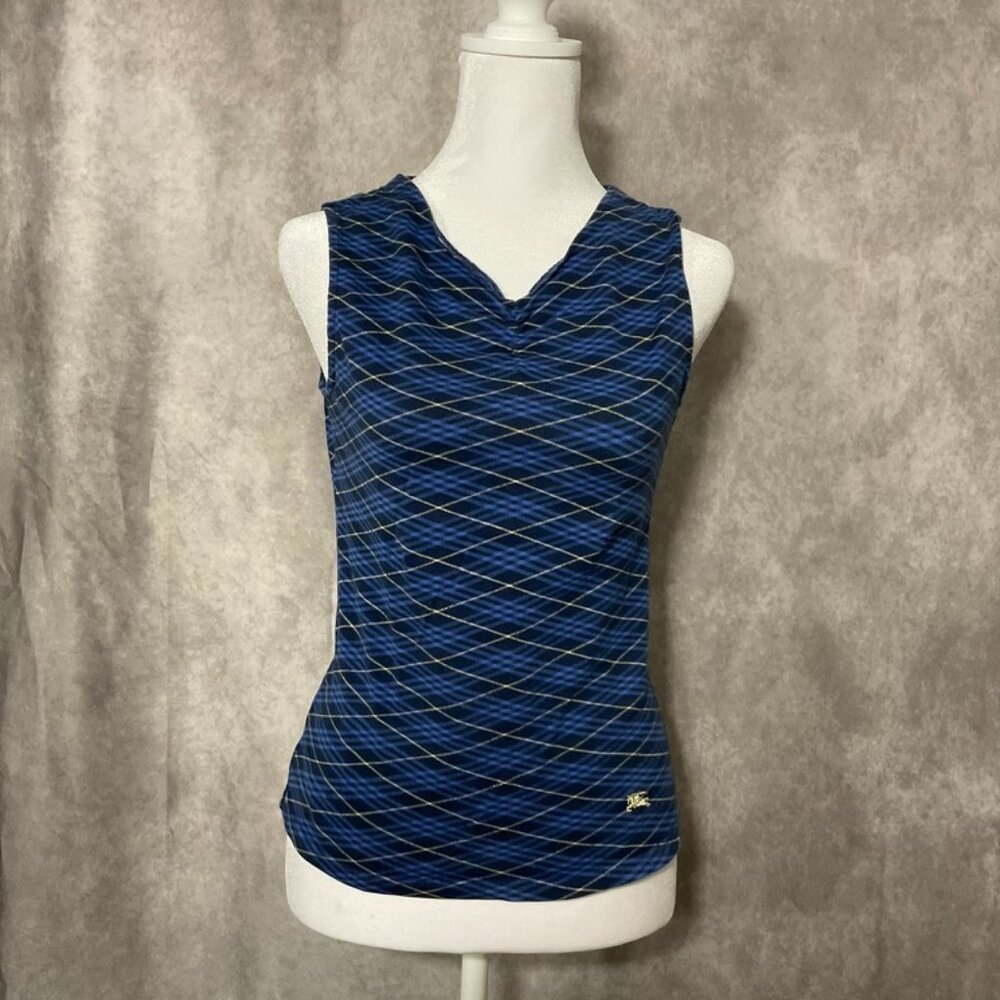 Burberry London Blue Nova Check Sleeveless V-Neck Shirt Top Women's Size 2 Small